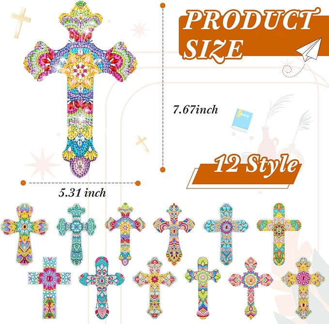 Tenceur 12 Pcs Cross Diamond Art Kit for DIY Religious Crystal 5D Diamond Painting Bookmarks Rhinestone Kits for Reading Lover Home Office Project Read DIY Crafts Gifts
