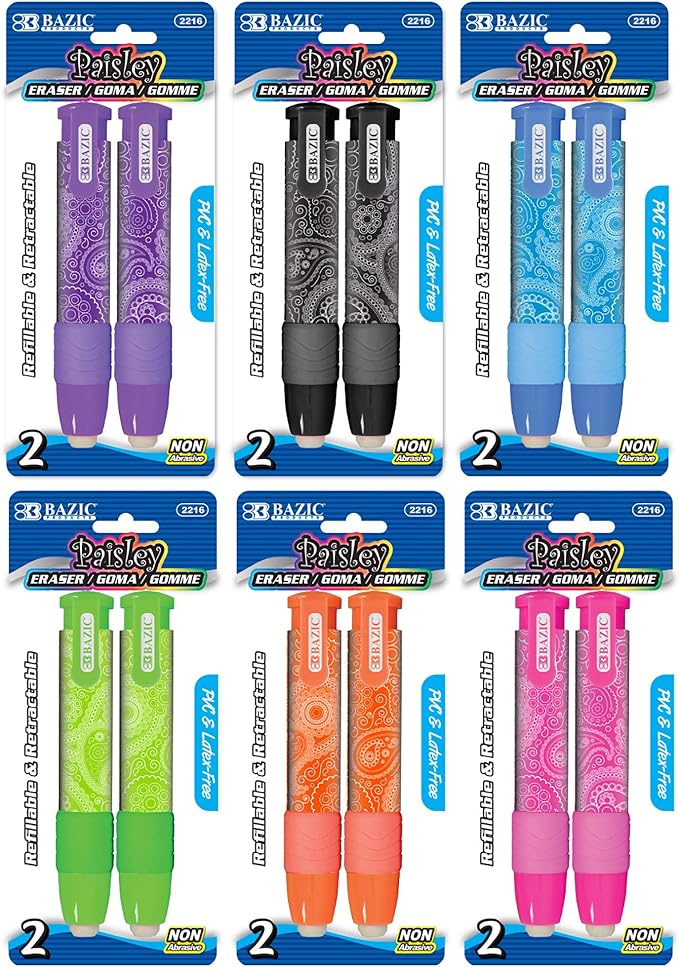 BAZIC Products Retractable Stick Erasers Paisley, Mechanical Pencil Eraser, Large Size Click Eraser for Art Drawing Sketching (2/Pack), 144-Packs