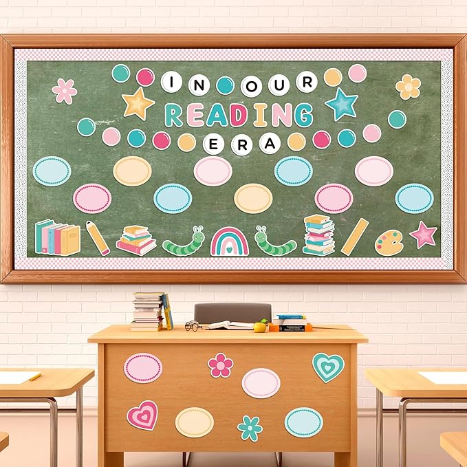 133Pcs Back to School Reading Bulletin Board Classroom Decoration, in Our Reading Era Cutouts Border Trims Bookworm Name Tags Back to School Party Supplies Classroom Chalkboard Wall Door Decor