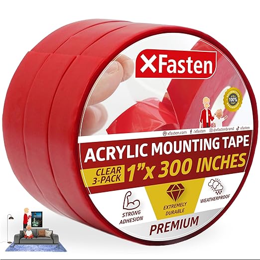 XFasten Extreme Double-Sided Acrylic Mounting Tape Removable, 1-Inch x 300-Inch, Pack of 3, Weatherproof, Super Strong Double-Sided Adhesive and Tough Bonding Strength