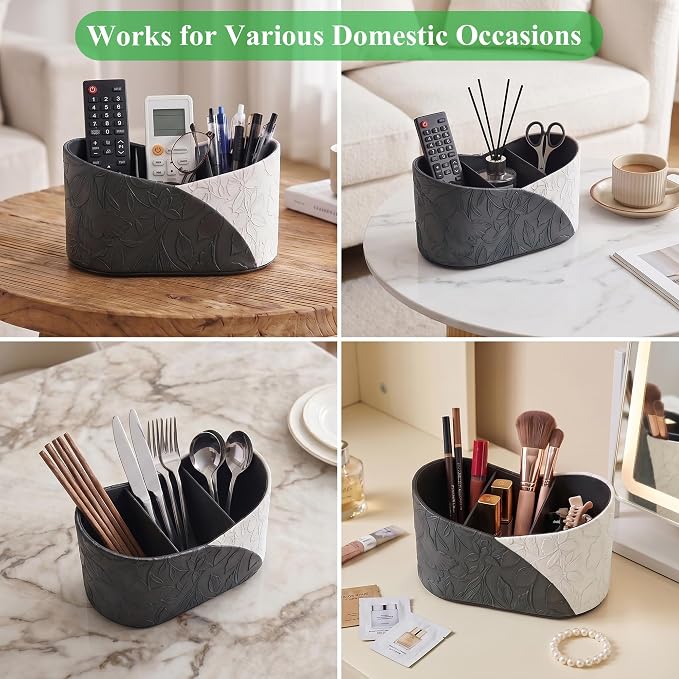 Two Leaves Shaped Leather Art Supply Organizer,Remote Control Holder,Multi-Functional Pencil Holder,3 Compartments Desktop Stationary Organizer(1-Black White)