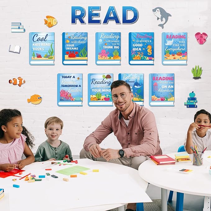 Under The Sea Reading Bulletin Board Poster for Classroom Motivational Dive Into Reading Bulletin Board Ocean Blue Animal Cutouts Elementary Educational Prints Poster for Teachers Preschool Library