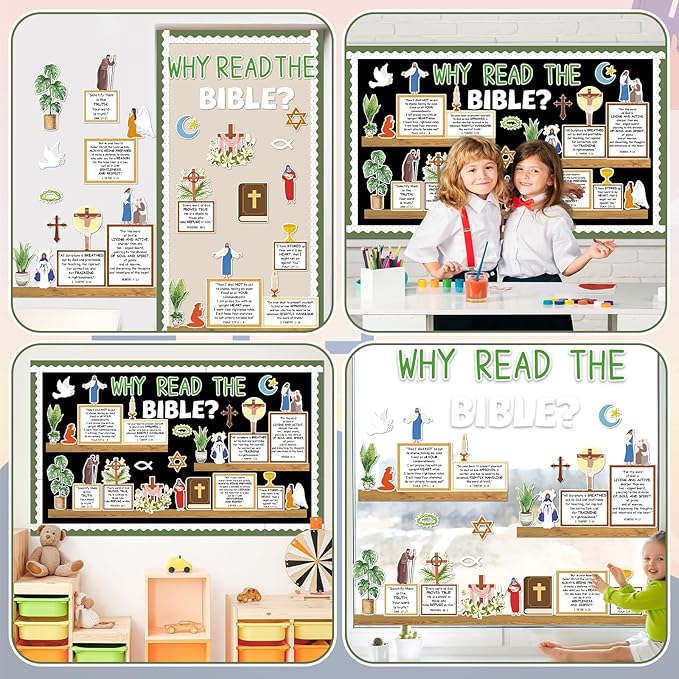 gisgfim Christian Plant Bulletin Board Decorations Set Religious Bookshelf Motivational Paper Cutouts Bible Verse Bulletin Board Decor for Classroom Back to School Sunday School Chalkboard Wall