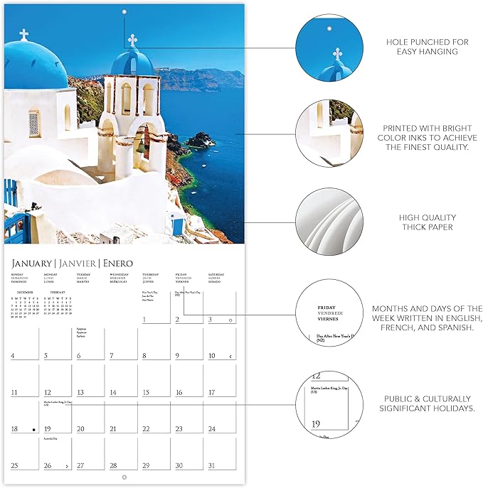 Graphique 2026 Greek Isles Mini Wall Calendar | 7” x 7” | Thick Paper | Home & Office Organizer | Large Monthly Grid | 3 Languages & Marked Holidays | 4 Month Preview Page for 2027