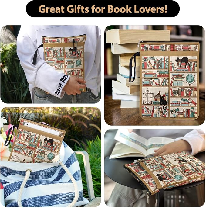Black Cat Book Sleeve Book Lovers Gifts for Readers - Book Lover Bookish Gifts for Bookworm Women - Library Bookshelf Book Cover for Cat Lovers with Handle 9x12 Inch