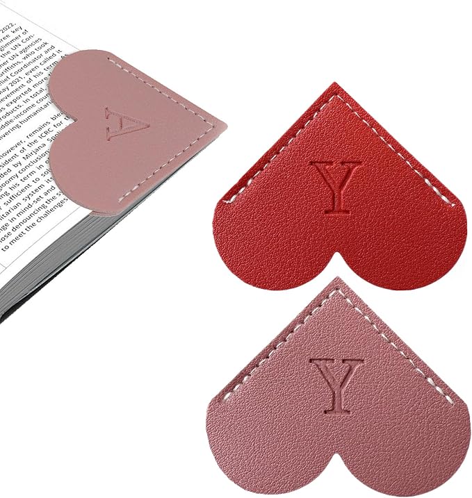 2Pcs Personalized Leather Heart Bookmark with Initial, 26 Letters Custom Corner Page Book Mark for Reading Women, Book Lovers, Teachers, Students, Cute Book Accessories Gifts(Red+Dark Pink, Y)