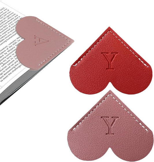 2Pcs Personalized Leather Heart Bookmark with Initial, 26 Letters Custom Corner Page Book Mark for Reading Women, Book Lovers, Teachers, Students, Cute Book Accessories Gifts(Red+Dark Pink, Y)