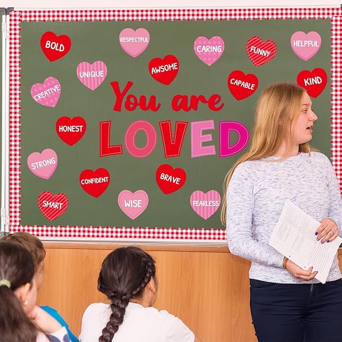 You are Loved Valentine's Day Bulletin Board Decorations Valentines Day Classroom Bulletin Border Red Heart Cutouts with Motivational Positive Sayings for Valentines Party Supplies School Office Decor