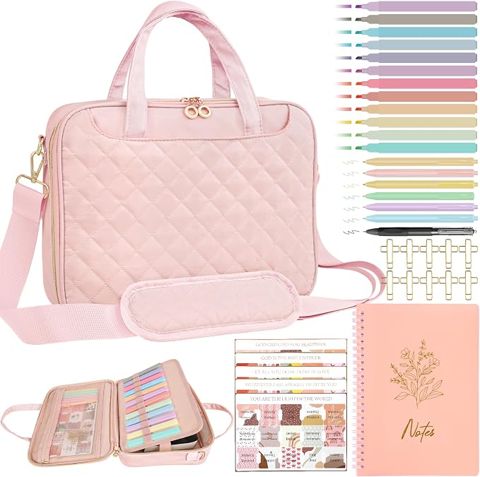 PUGPIU Bible Cover Case for Women, Large Quilted Bible Bag with Shoulder Strap and Handle, Bible Study Supplies Journaling Kit with Highlighters Pens No Bleed Tabs Notebook Cross Clips (Pink)