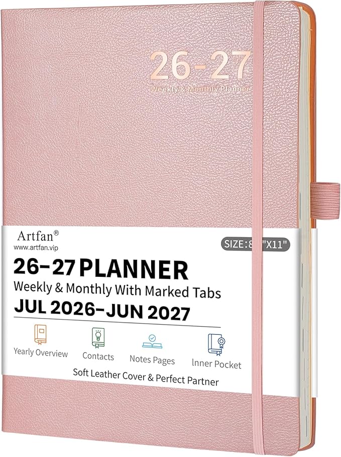 Planner 2026-2027 - JUL 2026 - JUN 2027, Planners 2026-2027, Planner Weekly and Monthly, Leather Cover Calendar Planers with Thick Paper, Back Pocket with Notes Pages, Pink (8.5" x 11")