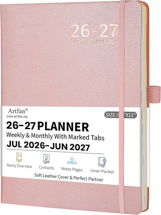Planner 2026-2027 - JUL 2026 - JUN 2027, Planners 2026-2027, Planner Weekly and Monthly, Leather Cover Calendar Planers with Thick Paper, Back Pocket with Notes Pages, Pink (8.5" x 11")