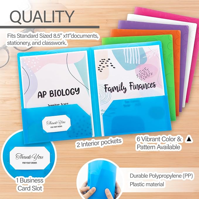 BAZIC Products Assorted Bubble Embossed Poly 2-Pocket Folder, Standard Letter Folder, for School Office Documents, Set of 6