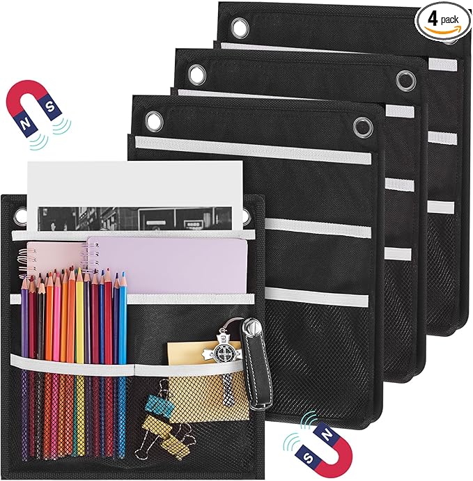 Henoyso 4 Pcs Magnetic Locker Organizer File Holder 4 Compartments Magnetic Paper Holder 3 Tier Storage Letter File Pocket for Documents Mails Fridge Whiteboard Office (Black)