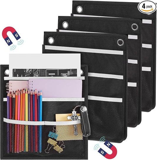 Henoyso 4 Pcs Magnetic Locker Organizer File Holder 4 Compartments Magnetic Paper Holder 3 Tier Storage Letter File Pocket for Documents Mails Fridge Whiteboard Office (Black)