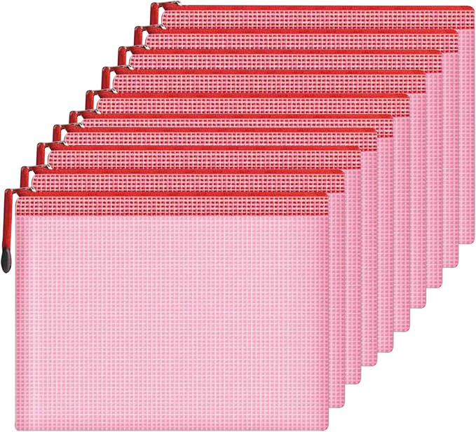Mesh Document Bag Set of 10, Waterproof Zipper Pouch / A4 Size Zip File, for Household Daily Storage School Office M-D-2B (Red, B4 (15.35×11.22 Inch))