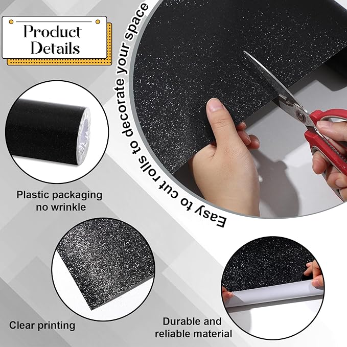 gisgfim 16" x20ft Glitter Bulletin Board Paper Roll Sparkle Color Bulletin Board Background Poster Paper Non Fading Gift Wrapping DIY Art Crafts for Office Classroom Decoration, Black