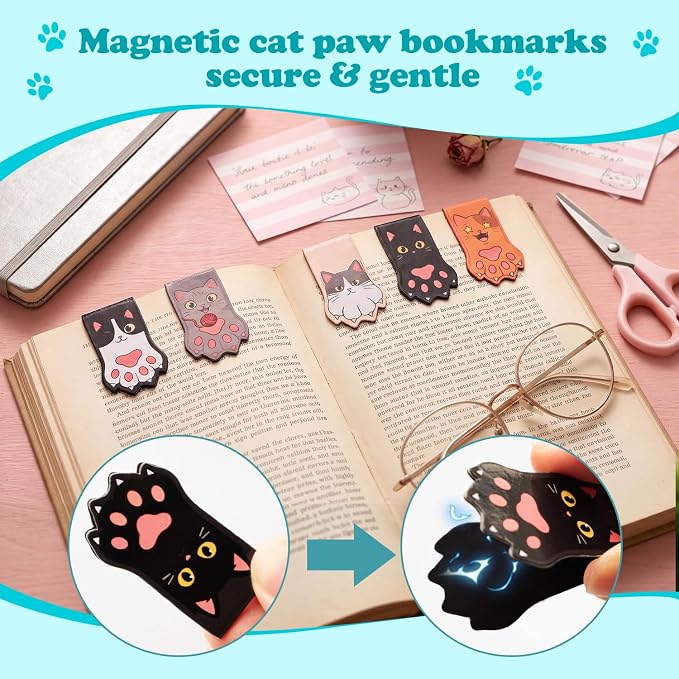 10PCS Kawaii Cat Paw Magnetic Bookmarks with, Adorable Cat Face Page Holders, Funny Reading Accessories for Teachers Book Lovers Office Gifts，Unique Gifts for Women (Beige B)