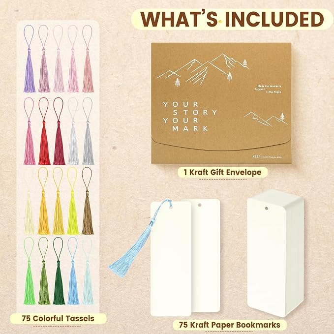 75 pcs Blank Bookmarks with Colorful Tassels – 350gsm Cardstock Bookmark Blanks for DIY Crafts, Holiday Gift Tags, Classroom Projects & Reading Rewards – 5.5 x 2 inch Bookmark Kit (Ivory White)