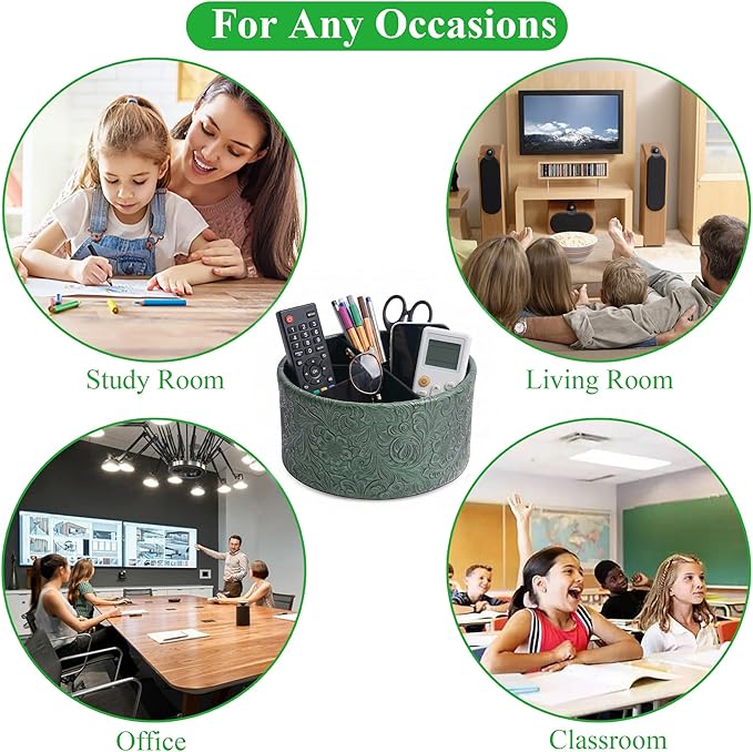 lizimandu Remote Control Holder, 360°Spinning PU Leather Desk TV Remote Caddy,Desk Storage Box Room Accessories for Controller, Media,Mail,Calculator, Mobile Phone,Pencil(1B-Carved3 Green)