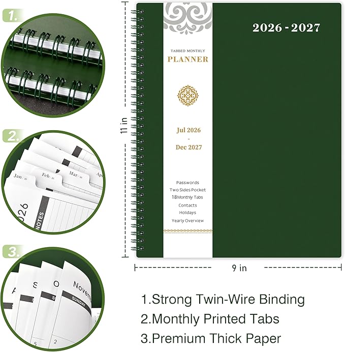 Monthly Planner 2026-2027 - JUL 2026- DEC 2027, 9" × 11" Monthly Calendar, Planner 2026-2027, 18-Month Calendar Planner with Tabs, Thick Paper, Pocket, Label, Twin- Wire Binding- Dark Green