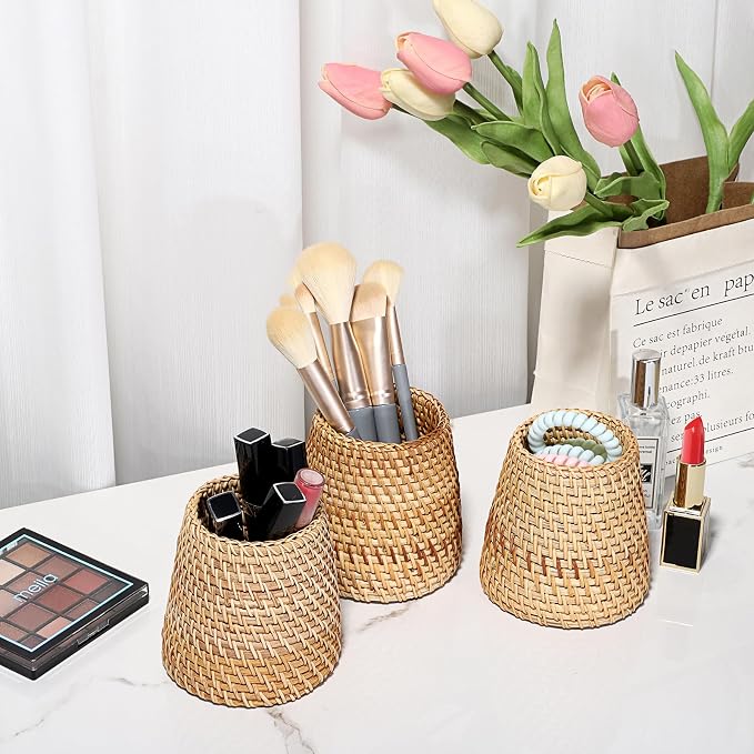 BTSKY 3 Pack Rattan Pen Cup, Handmade Desk Pencil Holders Makeup Brush Holder Multi-Functional Woven Basket Office&Home Desktop Organizer (Cone)