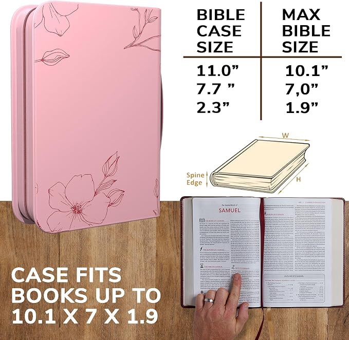 DEHITE Bible Cover Case for Women — Bible Carrying Case for Woman — Pink Large Holder Bag — Fits Book 10.1x7x1.9 in — Pen Slots — Zippered Pocket — Premium Faux Leather — Christian Floral Accessories