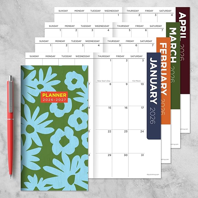 TF Publishing 2026-2027 Flower Stencil Small Monthly Pocket Planner with 2 Page Large Calendar Grid and Lined Notes Section - 2 Year Pocket Calendar 2026-2027 Perfect for Purse - 3.5in x 6.5in