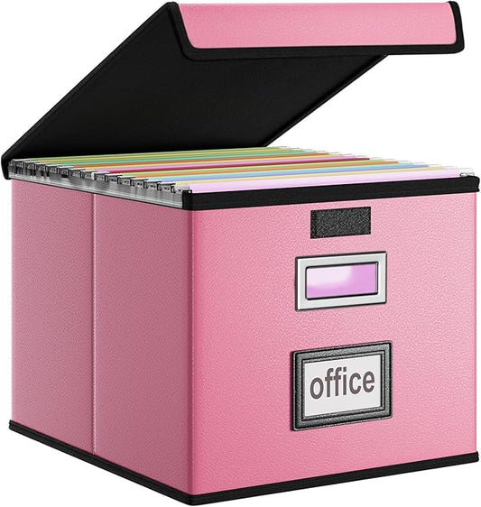 File Organizer Box with Lid, Collapsible Leather File Folder Organizer for Office Document Storage, Filing Box with Plastic Slide for Letter/Legal Size Hanging Files, Pink
