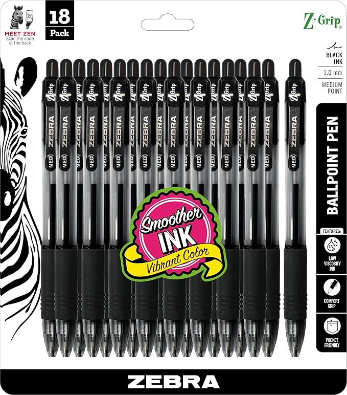Zebra Pen Z-Grip Retractable Ballpoint Pen, Medium Point, 1.0mm, Black Ink, 18 Pieces, Model Number: 22218 (Pack of 48, 864 Count Total)