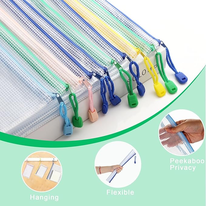 18-Pack Mesh Zipper Pouch Set with 1 Organizer Bag, 5 Sizes (A4 A5 A6 Bill B6) Clear Waterproof File Bags for Categorized Storage, Professional Travel & Home Office (19pcs)