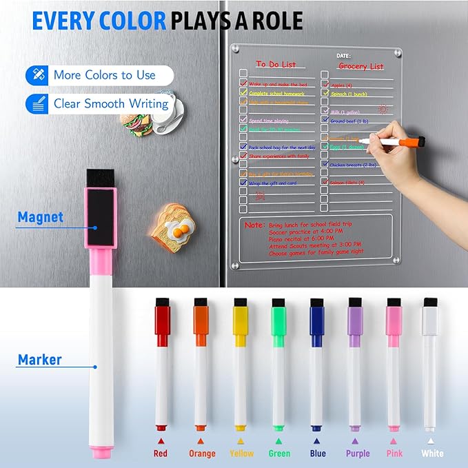 Acrylic Magnetic to Do List Board for Refrigerator, Grocery List Magnet Pad for Fridge with 8 Color Mrakers, Clear Planning Board for Shopping List/Reminders/Events/Meetings-14.5''*11.5''