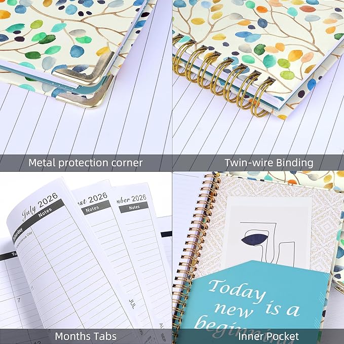 2026 Planner, Jan.2026 - Dec.2026 Planner Weekly and Monthly 6.25"x8.5" with with Page Tabs, Calendar Hardcover with Inner Pocket, Elastic Band,Twin-Wire Binding,Bookmark, Colored Leaves