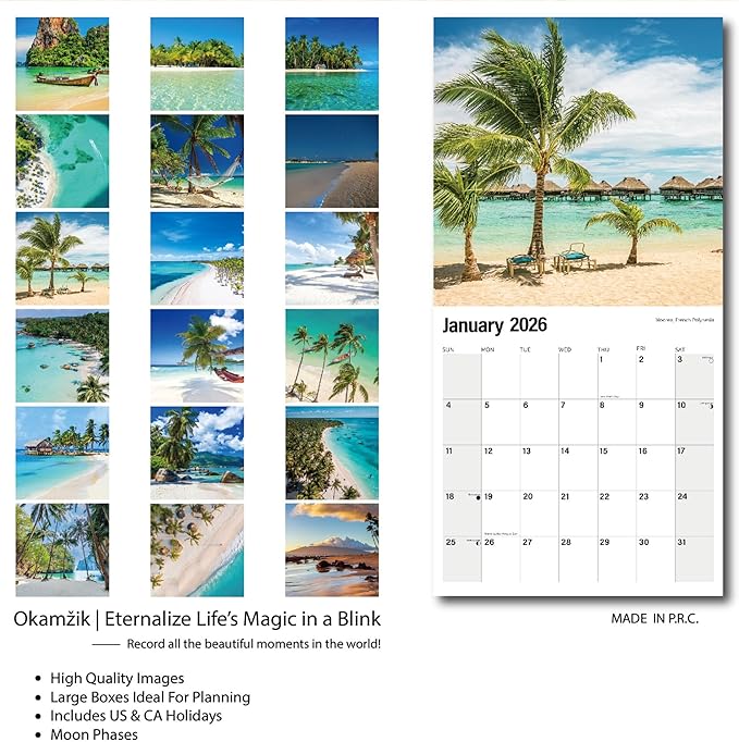 Wall Calendar 2025-2026 Planner Calendar - Tropical Beach Hangable Monthly Wall Calendar with Large Blocks for Organizing & Planning, Academic Schedule, Home, Office & family, Thick & Sturdy Paper (12"x24" Open)
