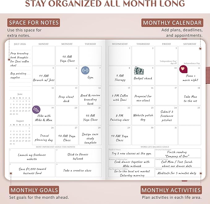 Legend Dated Hourly Weekly Planner 2026 – Daily, Monthly & Yearly Agenda with Time Slots – Hardcover Organizer Journal, 5.8x8.3” (Rose Gold)