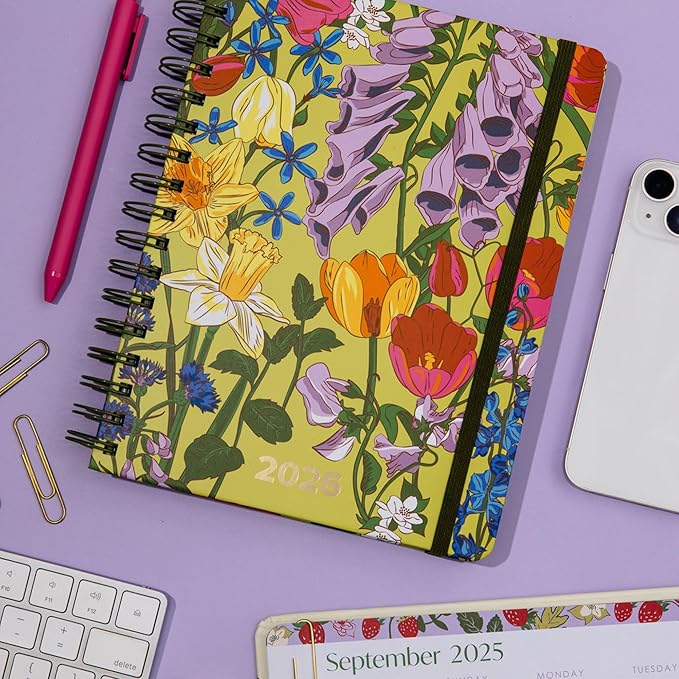 Vera Bradley 2025-2026 Large Planner Daily Weekly & Monthly, 17 Month Hardcover Agenda Dated Aug 2025-Dec 2026, Cute Planner with Stickers, Pockets, & Spiral Binding, Meadow Bouquet
