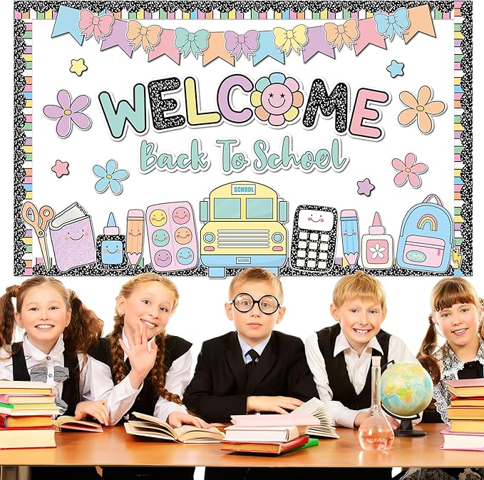 Composition Notebook Bulletin Board Welcome Back to School Classroom Decorations Pastel Colorful Composition Notebook Stationery Paper Cutout First Day of School for Classroom