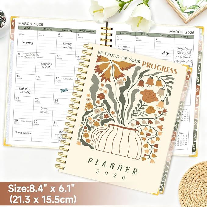 GuassLee 2026 Planner, Weekly and Monthly Planner from January 2026-December 2026, 8.4"x 6.1" Aesthetic Daily Agenda Book with Back Pocket, Stickers, Coated Tabs for School Office Supplies, A5 Size
