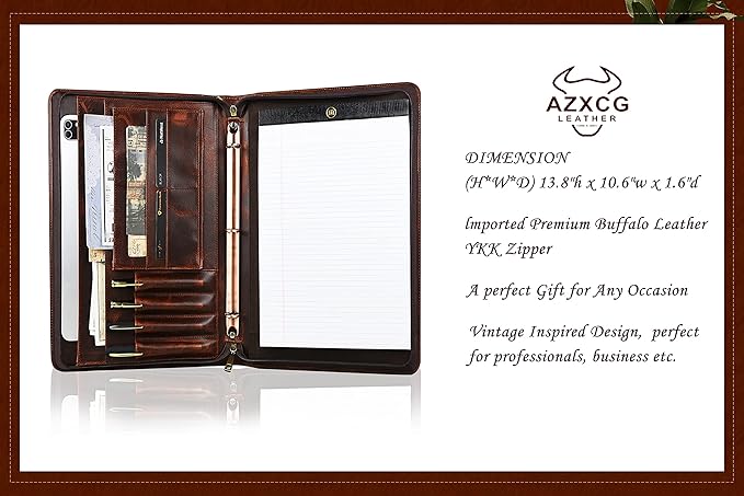 Free Engraved Name, Personalized Leather Binder Portfolio Folder, 3 Ring Binder Padfolio for Men, Handmade Resume Zippered Padfolio for Women, Business A4 Document Organizer, Customized, Oil Wax