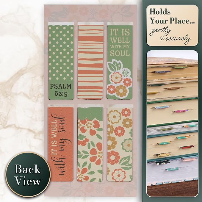 Christian Art Gifts Magnetic Scripture Bookmark/Pagemarker Set for Women: It is Well with My Soul - Set of 6, Inspirational Scripture for Bibles, Fridges & Books, Multicolor Teal & Pink Floral, Small