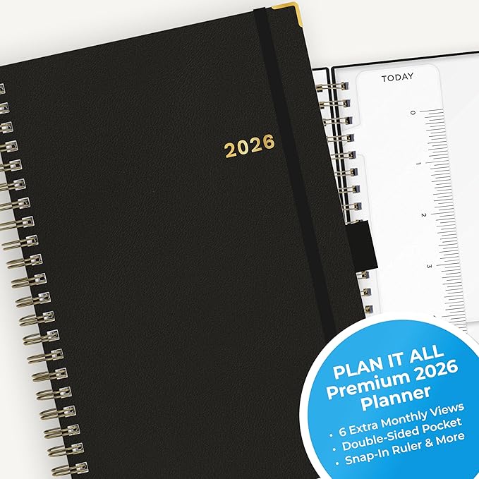Blue Sky 2026 Weekly and Monthly Planner Calendar, January 2026 - December 2026, 5" x 8", Faux Leather Cover, Durable Twin Wire Binding, Storage Pocket, Laminated Tabs, Includes Pen Loop, Bungee, Ruler, Black