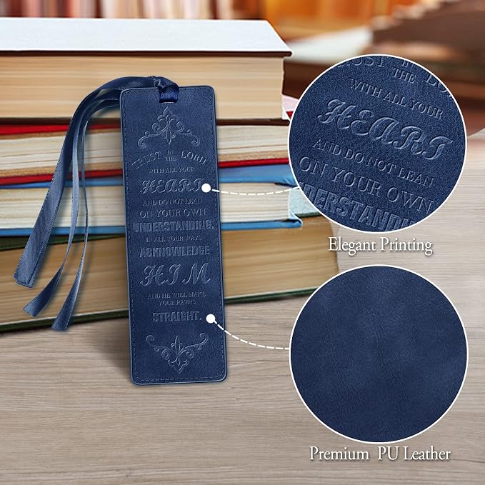 FINPAC Leather Bible Bookmarks, Vegan Religious Bookmarks, Bible Verse Book Markers Church Gifts for Women Men [Trust in The Lord with All Your Heart] - Turquoise + Navy