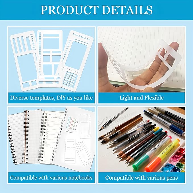 Handmade Flexible Record Template,3 Pack Planner Stencil Set for Dot Grid,Drawing,Checklists,Boxes,Lines&Daily Planning,Reusable Templates Kit for Journaling,Calendar,Scrapbooking&DIY Crafts Supplies