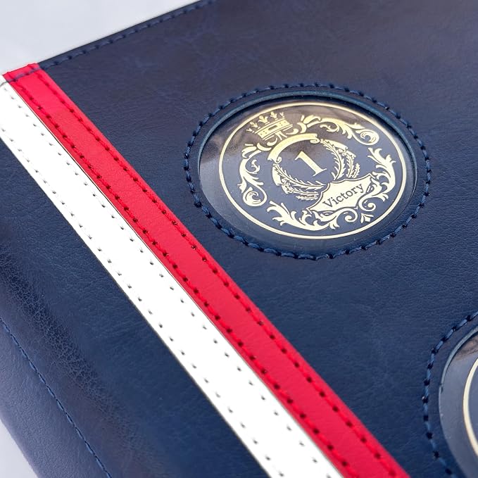 GALILEO® 3-Coin Pocket Double AA Book Cover | Showcase Your Journey | 12 Steps & 12 Traditions | PU Leather Coin Holder | AA Gift | Alcoholics Anonymous (Navy Blue/Stripe/ 3 Medallion Pockets)