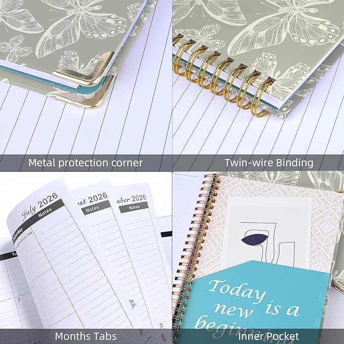 2026 Planner, Jan.2026 - Dec.2026 Planner Weekly and Monthly 6.25"x8.5" with Page Tabs, Calendar Hardcover with Inner Pocket, Elastic Band, Twin-Wire Binding, Bookmark, Gray Butterfly
