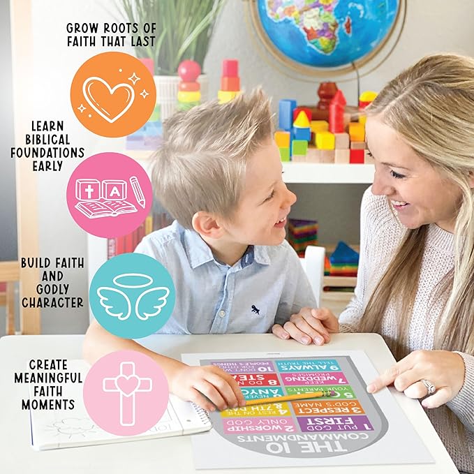 Hadley Designs Sunday School Decorations for Classroom –9 Bible Posters for Kids, Books of the Bible, 10 Commandments, Bible Timeline Chart, Fruits of the Spirit, Rainbow Christian Classroom Decor