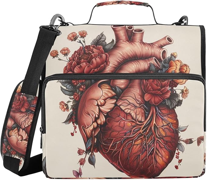 ALAZA Heart Flower Gothic 3 Ring School Zipper Binder Bag Expanding File Folder Case Briefcase with Shoulder Strap