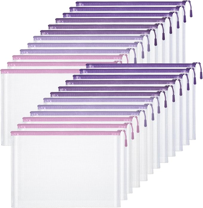 Feifeiya 24 Pack Purple Mesh Zipper Pouch Bags, A4 Size Clear Mesh Zipper Storage Bags Bulk for School Office Organization