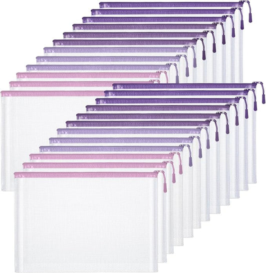 Feifeiya 24 Pack Purple Mesh Zipper Pouch Bags, A4 Size Clear Mesh Zipper Storage Bags Bulk for School Office Organization