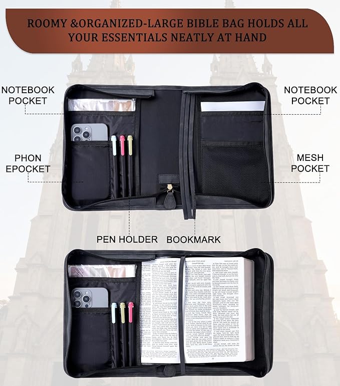 Vegan Leather Bible Cover for Men & Women, Bible Case with Gift Box, Christian Catholic Religious Bible Gifts (Black)