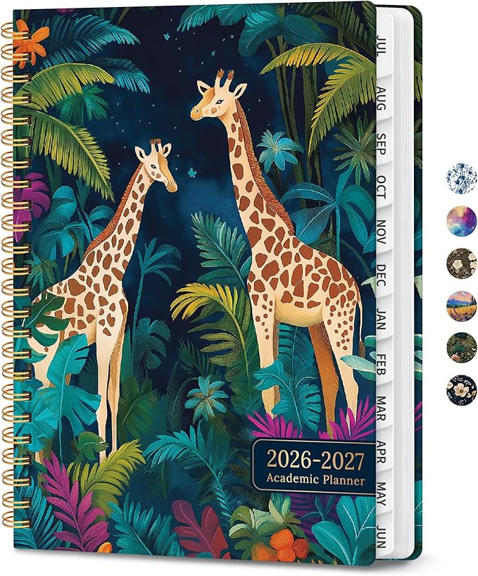 Planner 2026–2027, Academic Planner Weekly and Monthly Calendar Jul 2026 – Jun 2027 Hardcover Planner with Tabs and Pocket, Spiral Bound Agenda Book for Student & Teacher, 6.3" x 8.5", Jungle Giraffes